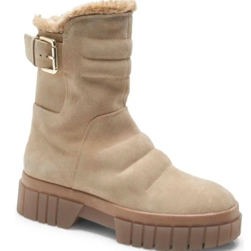 NWOB Free People Fable Faux Fur Lined Boots Womens Size 8 Sand Suede Platform